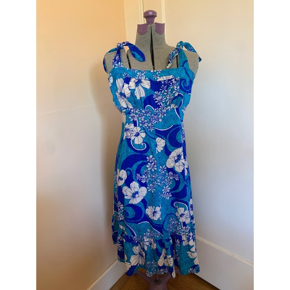 VTG Kelii's of Hawaii Floral Sun Dress Blue White Ruffle Hem Tie Straps Sz 14